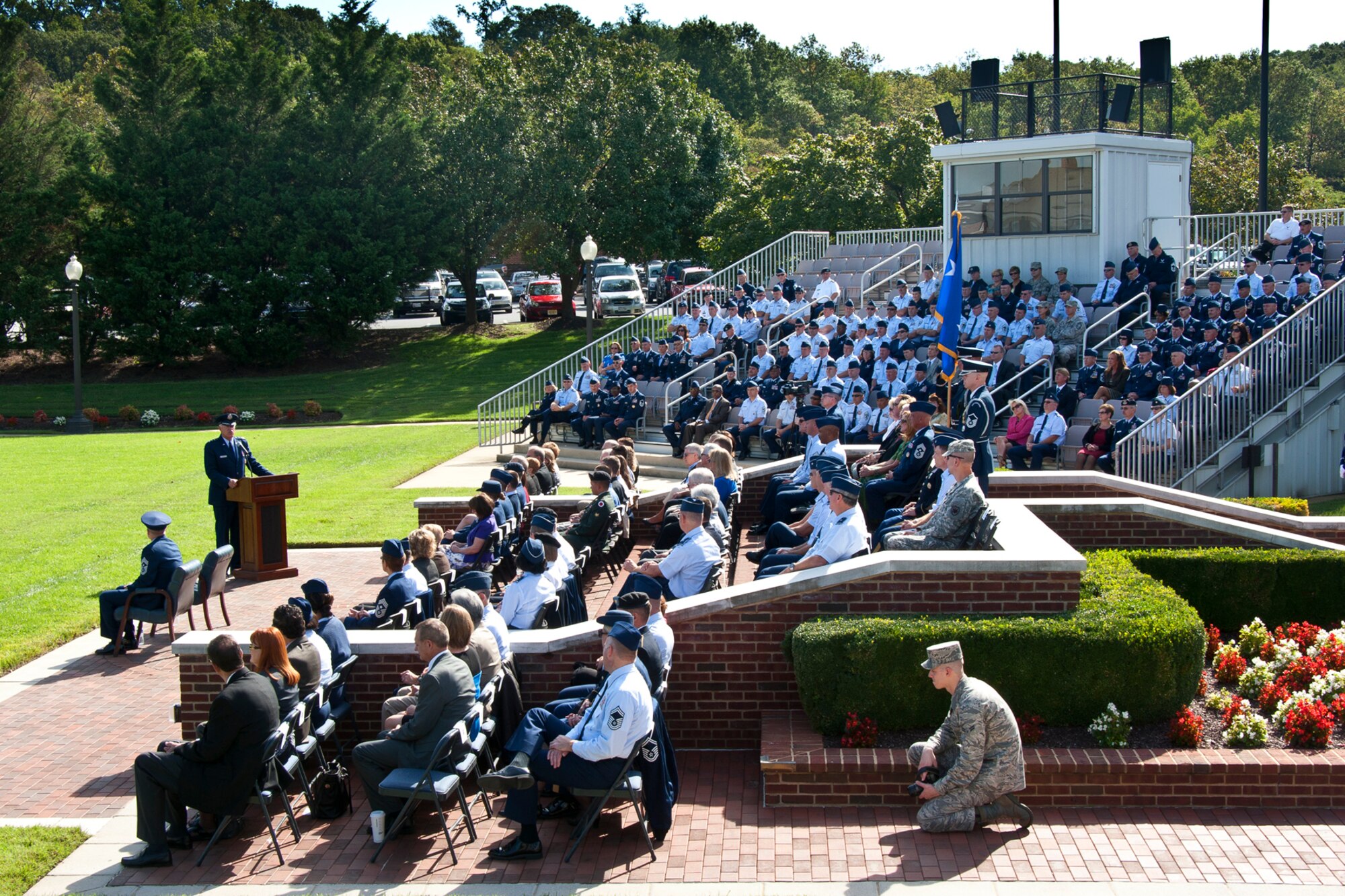 Lt. Gen. Harry M. Wyatt III, the director of the Air National Guard, addresses a crowd at Joint Base Anacostia-Bolling, D.C., during a retirement ceremony for Chief Master Sgt. Christopher E. Muncy, the command chief master sergeant to the director of ANG, on Sept. 20, 2012. Muncy retires after 35 years of military service. (National Guard photo by Master Sgt. Marvin R. Preston/RELEASED)
