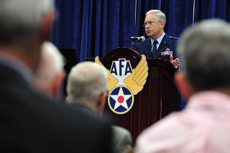 Maj. Gen. John F. Thompson, KC-46 Tanker Program director, details the capabilities of the new air-refueling aircraft at the 2012 Air Force Association Air and Space conference in Washington, D.C., Sept. 18, 2012. Thompson said the KC-46 tanker will have 18 aircraft in place at air refueling wings by 2017. (U.S. Air Force photo by Senior Airman Steele C. G. Britton)