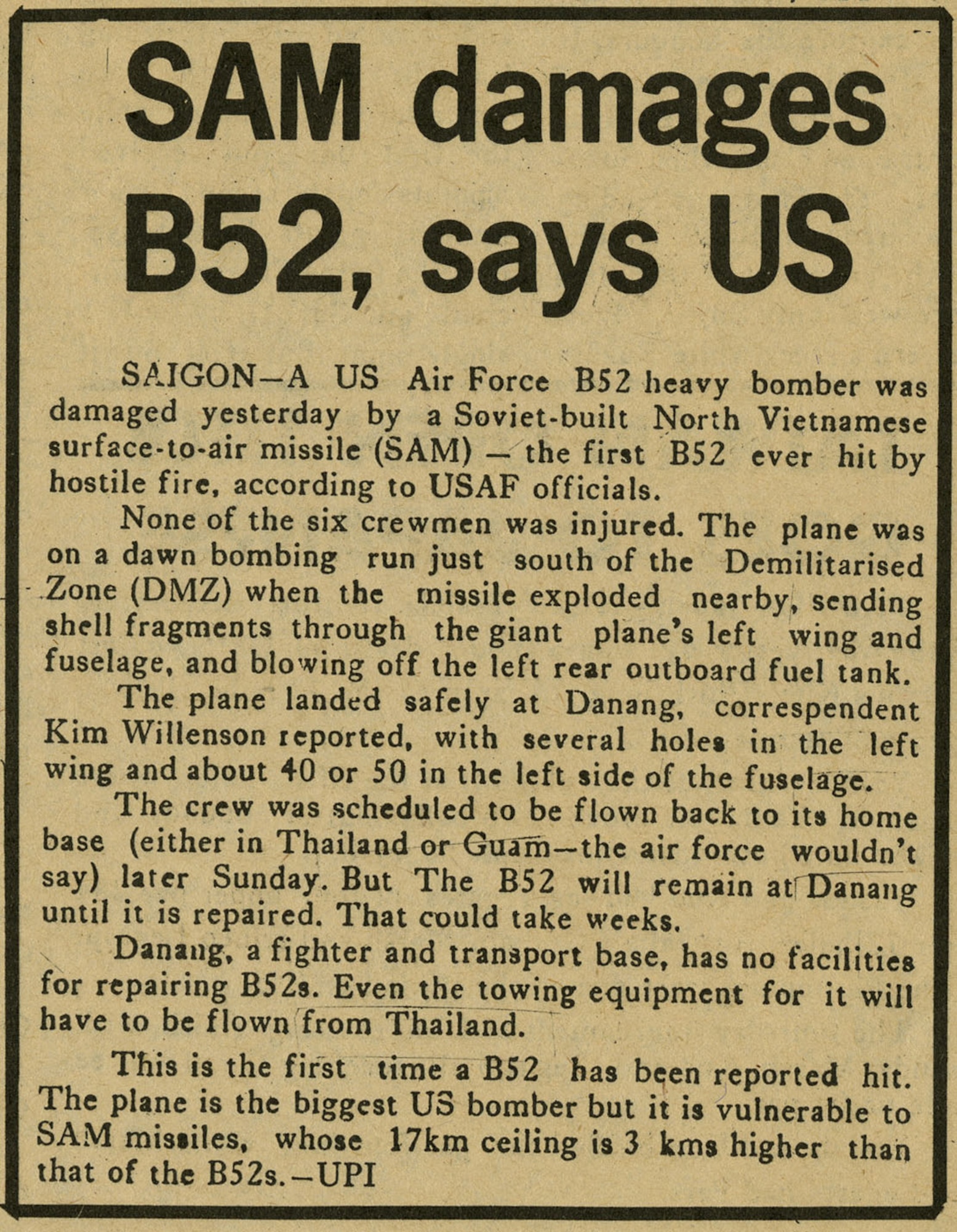 Article describing the damage printed in "The Nation," an English language newspaper in Bangkok, Thailand, on April 10, 1972. (U.S. Air Force photo)