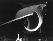 Close-up showing damage to the B-52's left drop tank. (U.S. Air Force photo)