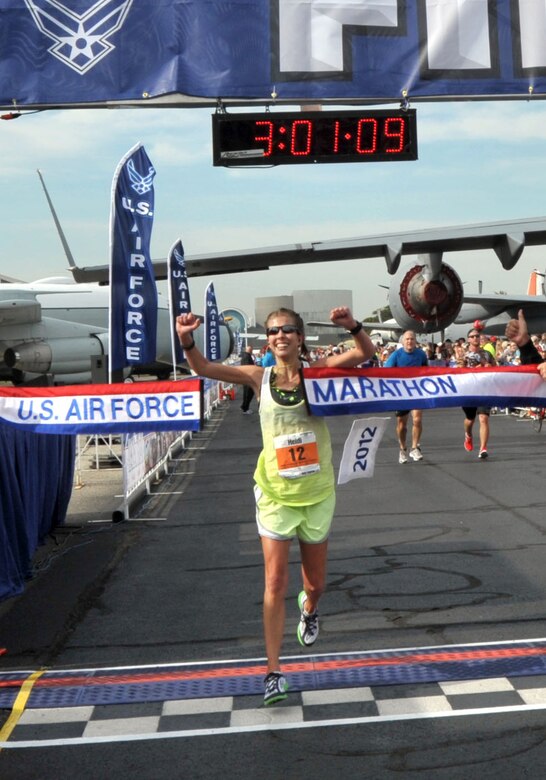 Heidi Hamilton, 29, of Trophy Club, Texas, wins the Women's Marathon with a time of 3:01:09.  (U.S. Air Force photo/Michelle Gigante)  



