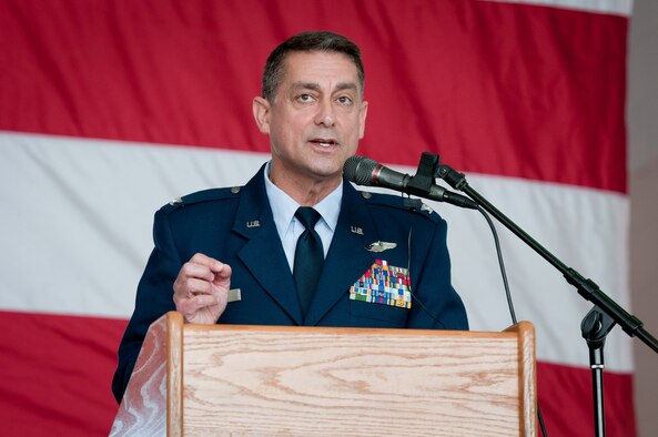 Col. Warren H. Hurst addresses the Airmen of the 123rd Airlift Wing during a change-of-command ceremony held in the Fuel Cell Hangar at the Kentucky Air National Guard Base in Louisville, Ky., on Sept. 16, 2012. Hurst had just assumed command of the unit, replacing Col. Greg Nelson, who has been named deputy director of strategic plans and policy at the National Guard Bureau in Washington, D.C. (U.S. Air Force photo by Senior Airman Maxwell Rechel)