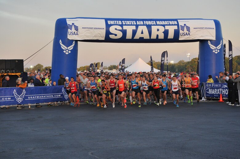 Runners leave the gate officially starting the 2012 Air Force Marathon at Wright-Patterson AFB, Ohio.  With 15,000 runners, this Marathon was the largest and quickest to sell out.  