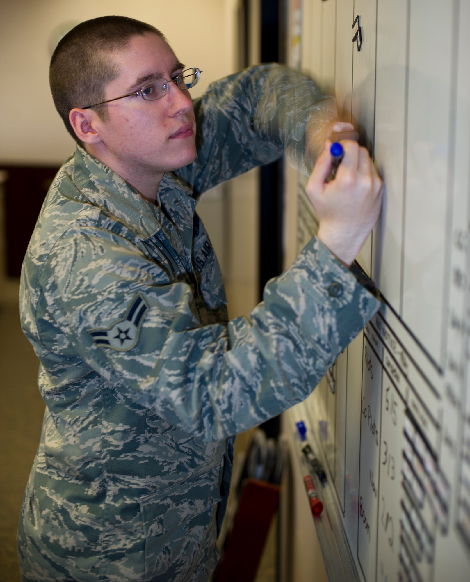Airman 1st Class Jake Frisch, 350th Air Refueling Squadron in-flight refueling systems apprentice, prepares the evaluations and standards board Sept. 18, 2012, McConnell Air Force Base, Kan. Frisch ensures personnel from the 350th ARS are qualified and ready to deploy at a moment’s notice. (U.S. Air Force photo/Senior Airman Armando A. Schwier-Morales)