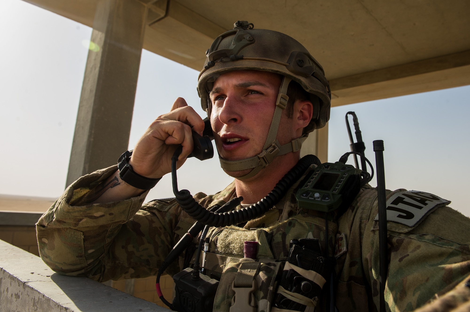 1st Lt. Drew Parks, Air Liaison Officer, 82nd Expeditionary Air Support Operations Squadron, communicates with a U.S. Navy F/A-18 Super Hornet on Sept. 11, 2012, Southwest Asia. JTAC's are qualified to coordinate and control all attack air assets, surface-to-surface and unmanned aerial vehicles from all branches of the U.S. and Multi-National Military. Parks hometown is Hampstead, N.C. (U.S. Air Force photo/ Staff Sgt. Jonathan Snyder)  