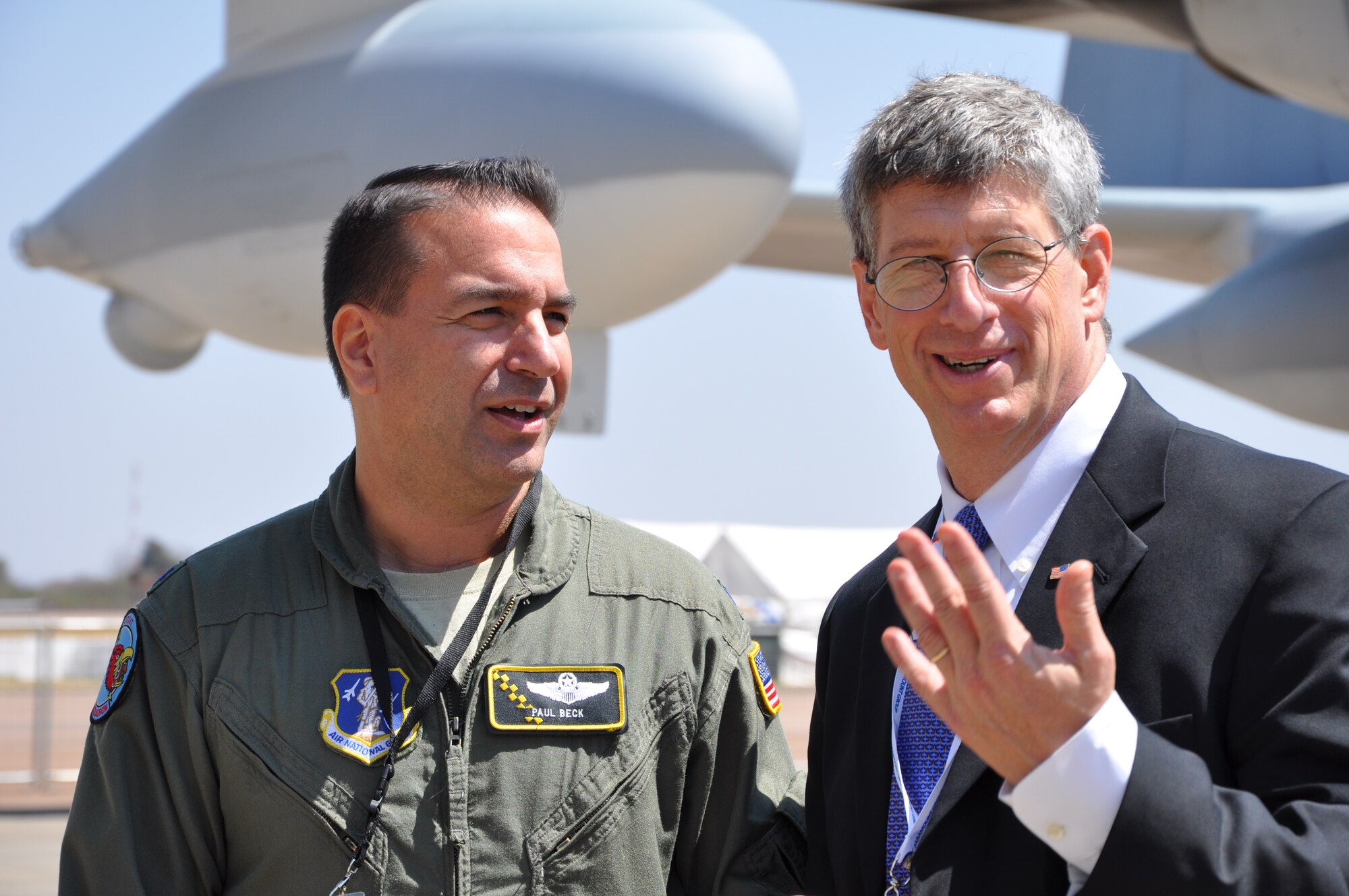 U.S. Ambassador to South Africa Donald H. Gips sits in a KC135T Stratotanker cockpit with Michigan Air National Guard aircraft commander, Lt. Col. Paul Beck (left), Sept. 19.  The two discussed the aircrafts mission and capabilities during the opening day of the 2012 Africa Aerospace and Defense Airshow and Exhibition. (Photo/Master Sgt. Corine Lombardo)