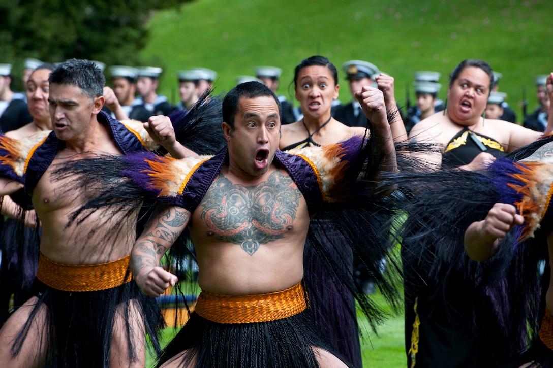 Maori warriors perform a Haka, or dance of welcome, for U.S. Defense Secretary Leon E. Panetta during a Powhiri ceremony while visiting Auckland, New Zealand, Sept. 21, 2012.