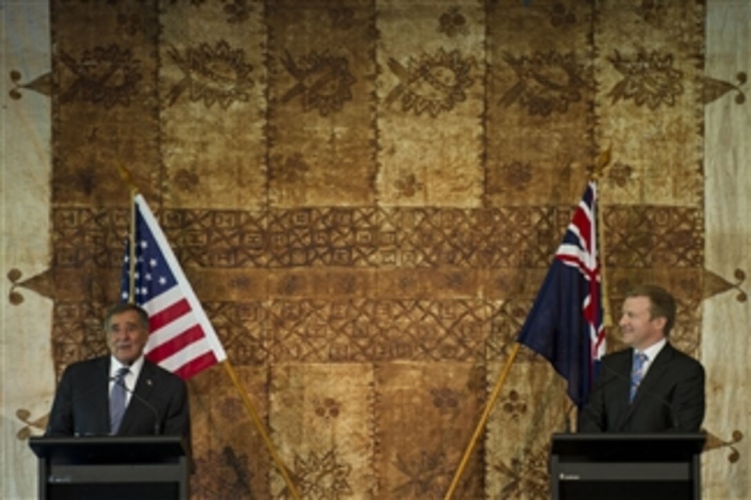 Secretary of Defense Leon E. Panetta and New Zealand Minister of Defense Jonathan Coleman brief the press after their meeting in Auckland, New Zealand, on Sept. 21, 2012.  Panetta previously met with his defense counterparts in Japan and China and met with Chinese Vice President Xi Jinping before traveling to New Zealand, the last stop on his weeklong trip to the Pacific.  