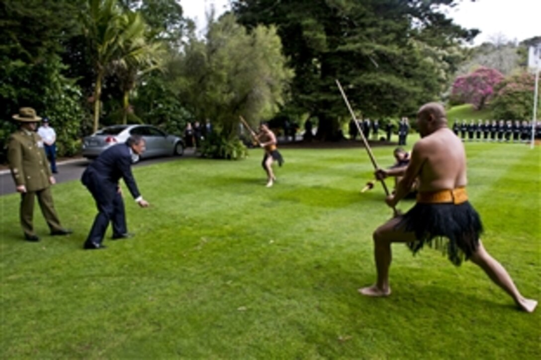 U.S. Defense Secretary Leon E. Panetta is issued a wero, or challenge, by Maori warriors during a Powhiri ceremony while visiting Auckland, New Zealand, Sept. 21, 2012. Panetta picked up the rakau tapu, or dart, while keeping eye contact with the warrior. The ceremony  is an ancient Maori tradition to determine if visitors came in peace or with hostile intent.