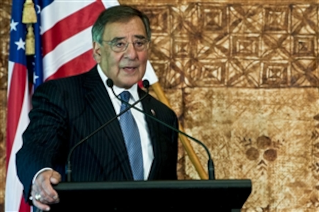 U.S. Defense Secretary Leon E. Panetta briefs the press in Auckland, New Zealand, Sept. 21,  2012. Panetta visited Tokyo and Beijing before traveling to Auckland to conclude a weeklong trip to the Asia-Pacific region.