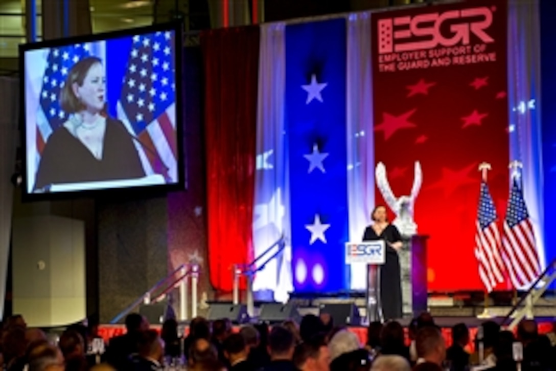 Erin C. Conaton, undersecretary of defense for personnel and readiness, hosts the annual Employer Support of the Guard and Reserve Freedom Award ceremony to present the Freedom Award to 15 companies that support Guard and Reserve soldiers in Washington, D.C., Sept. 20, 2012.