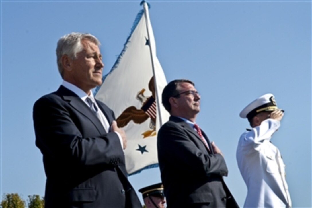 Deputy Defense Secretary Ashton B. Carter, Navy Adm, James A. Winnefeld, vice chairman of the Joint Chiefs of Staff, and former Sen. Chuck Hagel of Nebraska gave remarks to honor National POW/MIA Recognition Day at the Pentagon, Sept. 21, 2012. The ceremony hosted former prisoners of war, family members, service members and distinguished guests.


