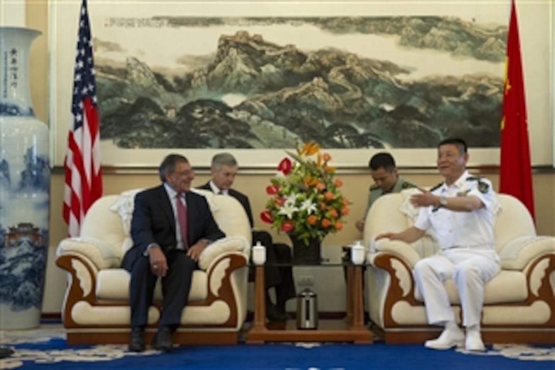 Secretary of Defense Leon E. Panetta meets with Commander of the North Sea Fleet Chinese Vice Adm. Tian Zhong in Qingdao, China, on Sept. 20, 2012.  Panetta previously met with his defense counterparts and Chinese Vice President Xi Jinping in Beijing to discuss regional security issues of interest to both nations.  Panetta will travel to Auckland, New Zealand, for the last stop on his weeklong trip to the Pacific.  