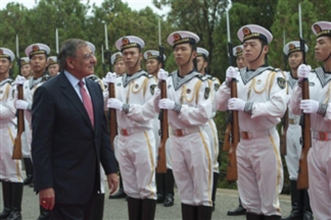 Secretary of Defense Leon E. Panetta reviews a formation of Chinese sailors at the Chinese North Sea Fleet Headquarters in Qingdao, China, on Sept. 20, 2012.  Panetta is meeting with Commander of the North Sea Fleet Chinese Vice Adm. Tian Zhong.  Panetta previously met with his defense counterparts and Chinese Vice President Xi Jinping in Beijing to discuss regional security issues of interest to both nations.  Panetta will travel to Auckland, New Zealand, for the last stop on his weeklong trip to the Pacific.  