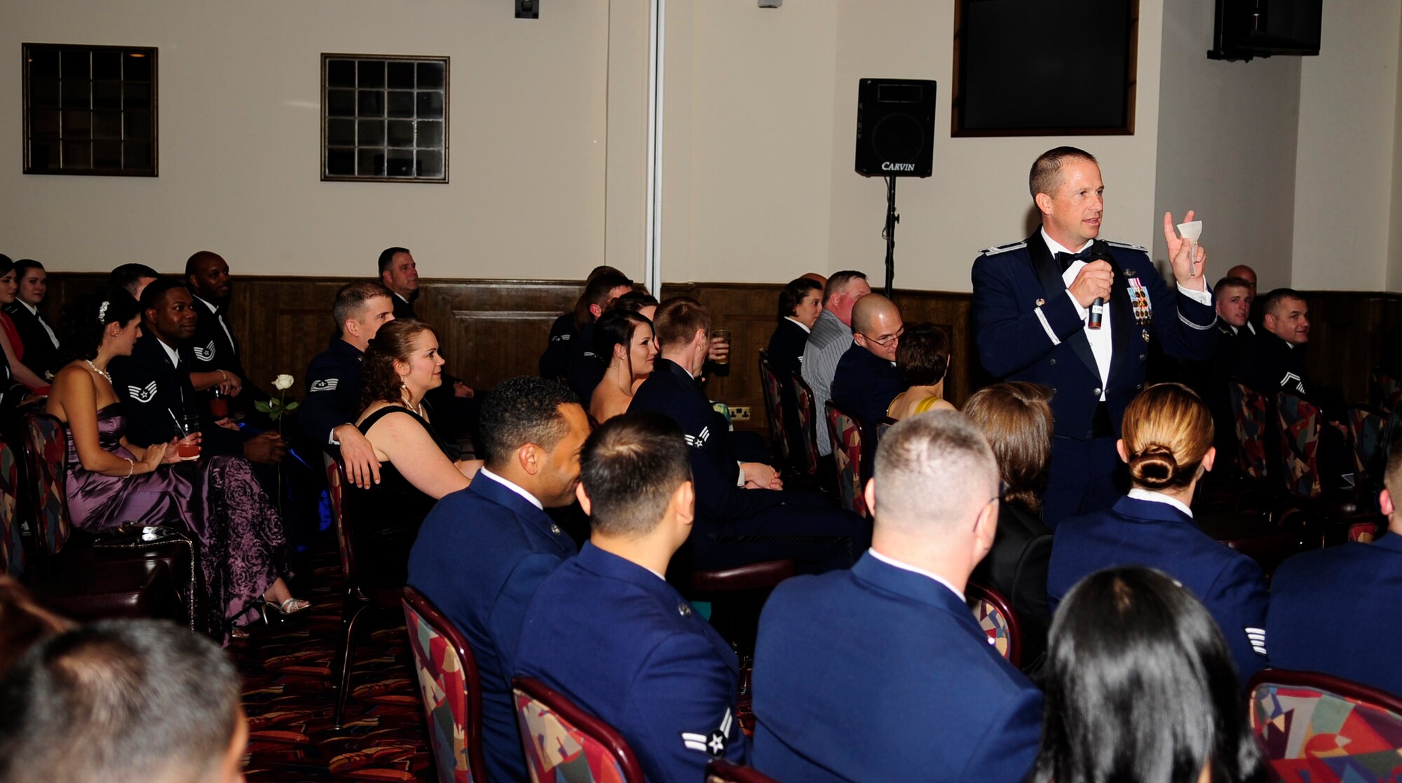 RAF MILDENHALL, England – Col. Kyle Voigt, 100th Air Refueling Wing vice commander, addresses Air Force Ball attendees Sept. 22, 2012, at RAF Mildenhall. Voigt spoke on the "Art of War" and how Airmen make the U.S. Air Force important. (U.S. Air Force photo/Senior Airman Ethan Morgan) 