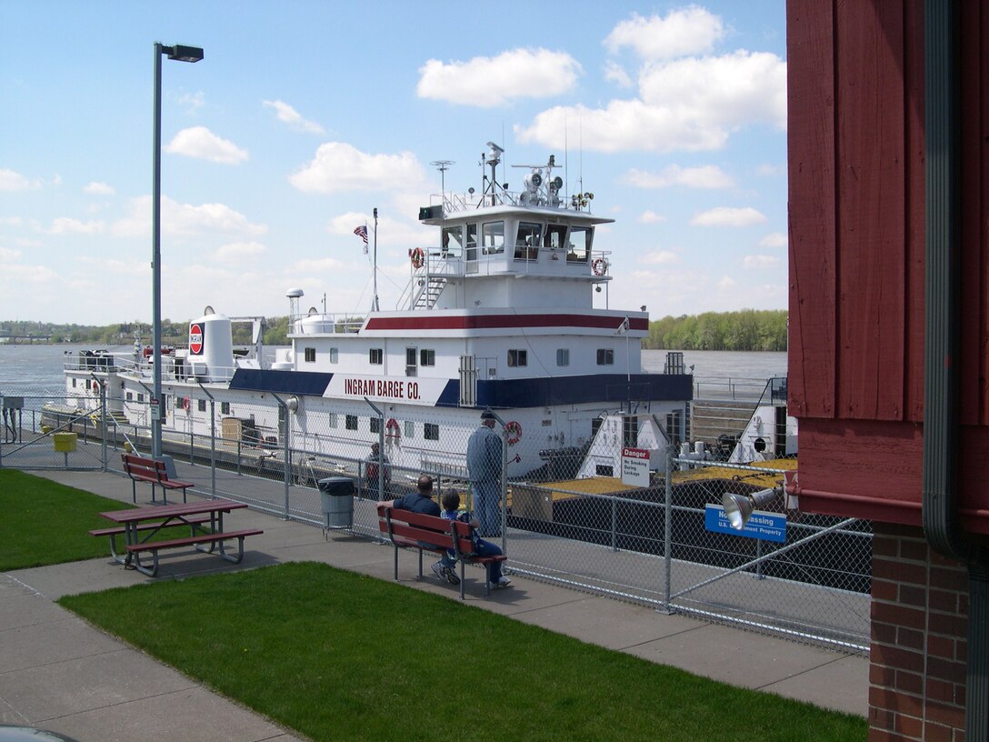 A towboat locking through on the Mississippi River at Lock & Dam 16 near Muscatine, IA.