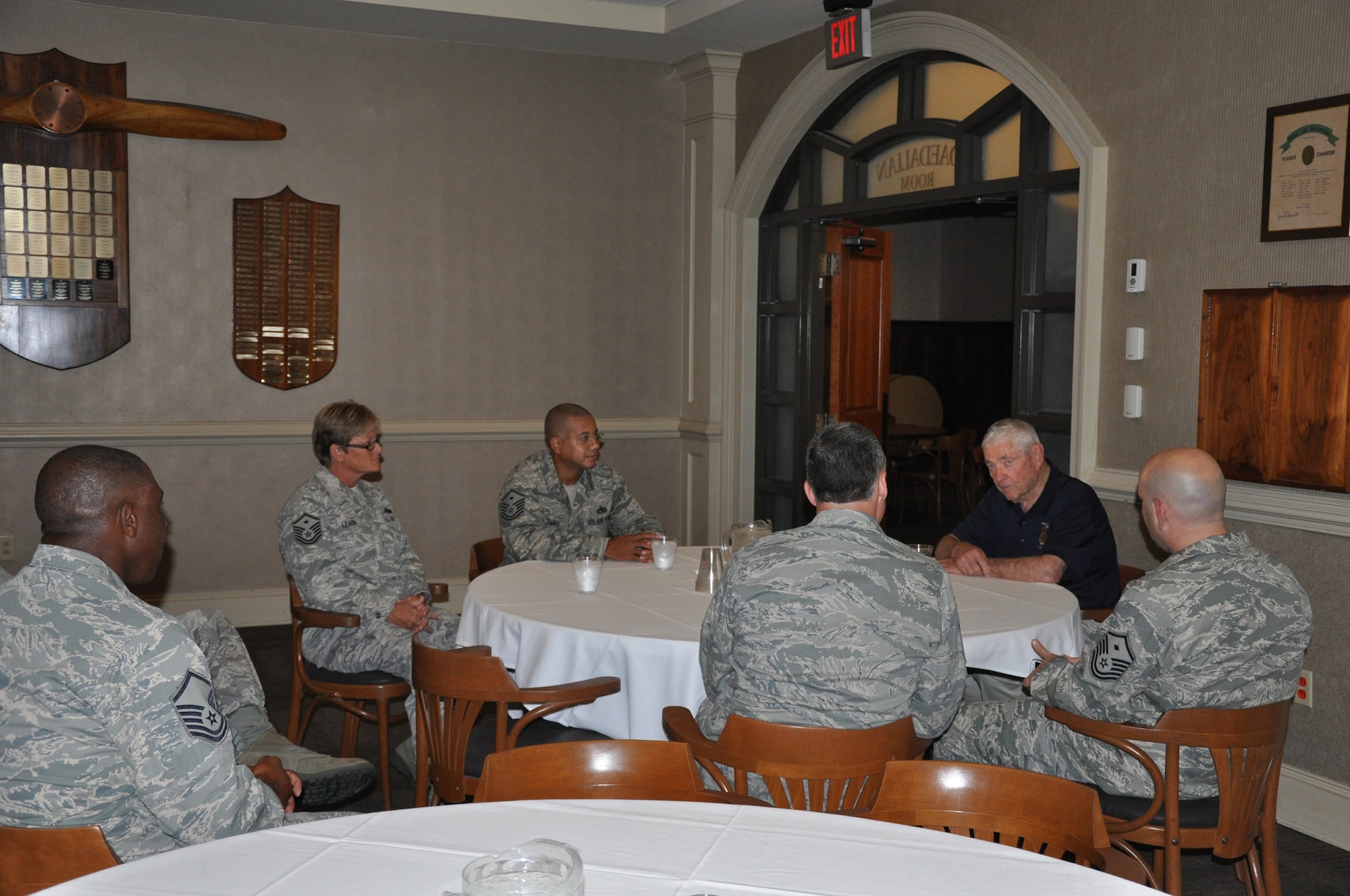 Retired Chief Master Sergeant Robert D. Gaylor, the fifth Chief Master Sergeant of the Air Force from 1977 to 1979, visits with airmen assigned to the 315th Airlift Wing Saturday, Sept. 22, 2012 at Joint Base Charleston, S.C.  CMSgt. Gaylor discusses his service experiences with fellow airmen, providing guidance and advice to the enlisted force.  (U.S. Air Force photo by Senior Airman Bobby Pilch)