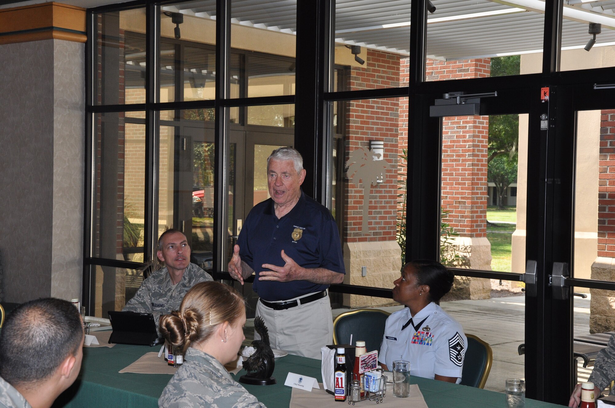 Retired Chief Master Sergeant Robert D. Gaylor, the fifth Chief Master Sergeant of the Air Force from 1977 to 1979, visits with airmen assigned to the 315th Airlift Wing Saturday, Sept. 22, 2012 at Joint Base Charleston, S.C.  CMSgt. Gaylor discusses his service experiences with fellow airmen, providing guidance and advice to the enlisted force.  (U.S. Air Force photo by Senior Airman Bobby Pilch)