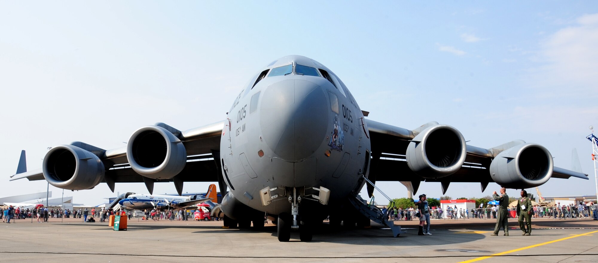 WATERKLOOF AIR FORCE BASE, South Africa -- A U.S. Air National Guard C-17 Globemaster III from the 137th Airlift Squadron at Stewart Air National Guard base in Newburgh, N.Y., sits open for the public to tour during the 2012 South Africa Aerospace and Defense Exposition here, Sept. 22. More than 100,000 visitors attended the event which filled seven hangars with displays and included more than 90 aircraft, land vehicles and watercraft. Event coordinators said this was the largest air show in this area in the last five years. (U.S. Air Force photo/Staff Sgt. Debbie Lockhart)
