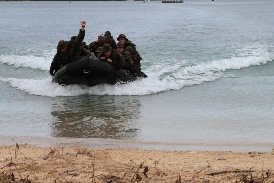 A combat rubber raiding craft baring Marines and Sailors with Company F., Battalion Landing Team 2nd Battalion, 1st Marine Regiment, 31st Marine Expeditionary Unit and soldiers with 1st Company, 51st Infantry Regiment, 15th Brigade, Japanese Ground Self Defense Force approaches the beach during a boat raid here, September 22. The JGSDF are integrated into BLT 2/1 during the MEU’s Fall Patrol deployment, where they conduct bilateral exercises to help strengthen military ties between Japan and the US. The 31st MEU is the only continuously forward-deployed MEU and is the Marine Corps’ force in readiness in the Asia-Pacific region.