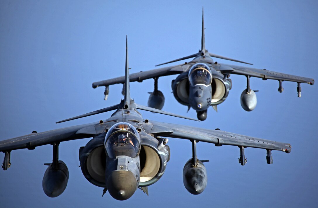 AV-8 Harriers with Marine Medium Tiltrotor Squadron 261 (Reinforced), 24th Marine Expeditionary Unit, fly in formation after conducting aerial refueling training operations, Sept 23. The training consisted of MV-22B Ospreys and AV-8B Harriers conducting aerial refueling with the 24th MEU's KC-130J Hercules aircraft to practice the skills needed for long-range flight operations.  The 24th MEU is deployed with the Iwo Jima Amphibious Ready Group as a theater reserve and crisis response force for U.S. Central Command in the U.S. Navy's 5th Fleet area of responsibility.
