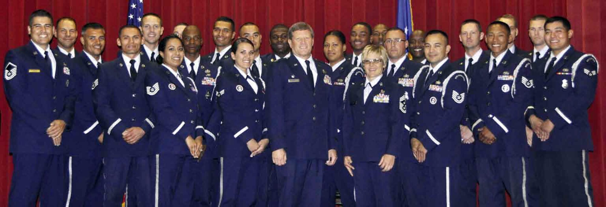 The March Field Blue Eagles Total Force Honor Guard, held its annual awards ceremony at the Cultural Resource Center, Friday, Sept. 14. Keynote speaker, Col. Randal Ball (center), commander, 163rd Reconnaissance Wing, and 163d RW Command Chief Master Sgt. Vickie Morrow, handed out awards and certificates during the ceremony. (U.S. Air Force photo by Darnell Gardner)