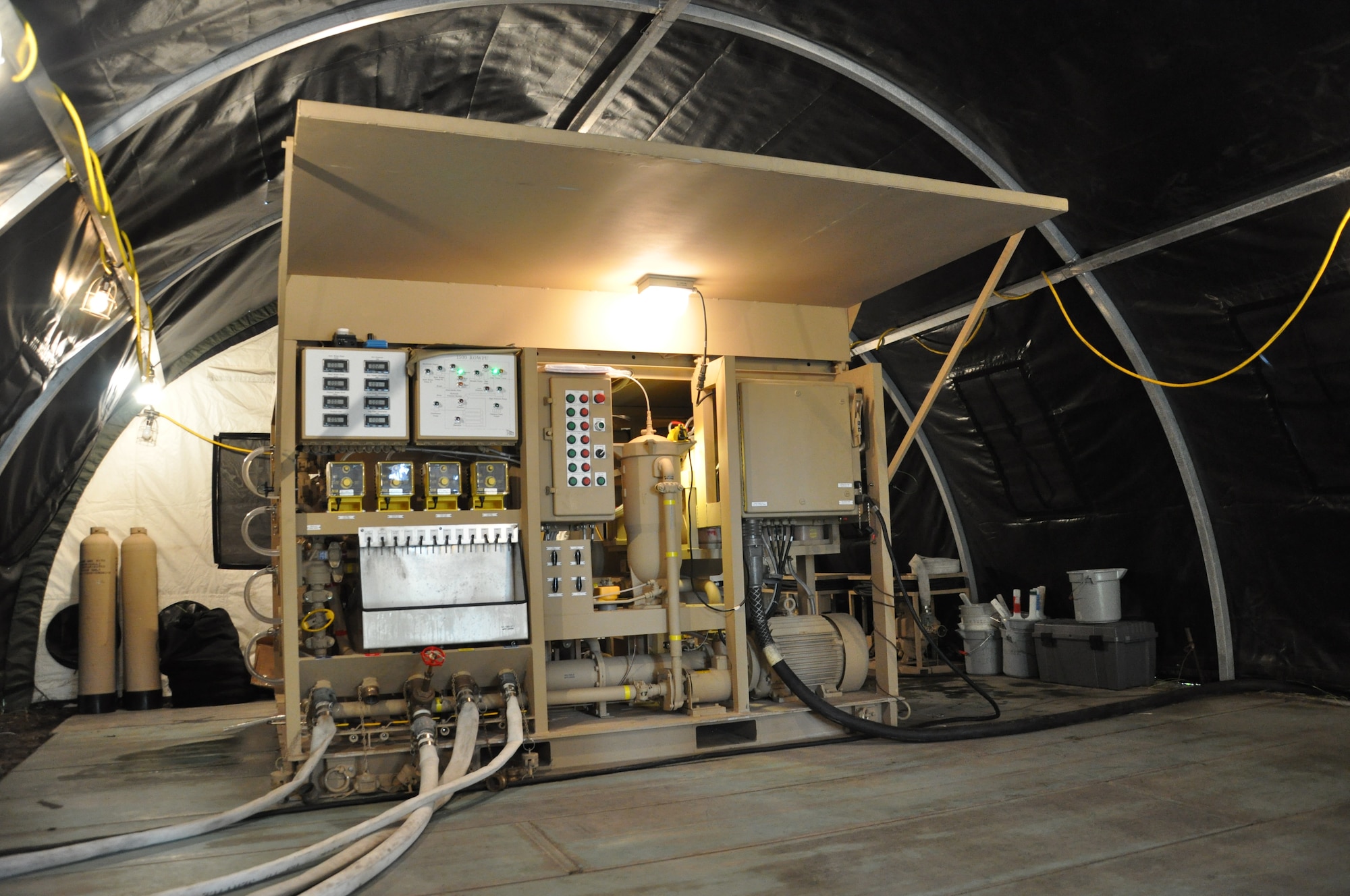 The reverse osmosis water purification units are machines that filter any source of water into drinking water. Tyndall’s Silver Flag trains its students on how to operate the machine and uses the drinking water made during the course. (U.S. Air Force photo by Airman 1st Class Christopher Reel)