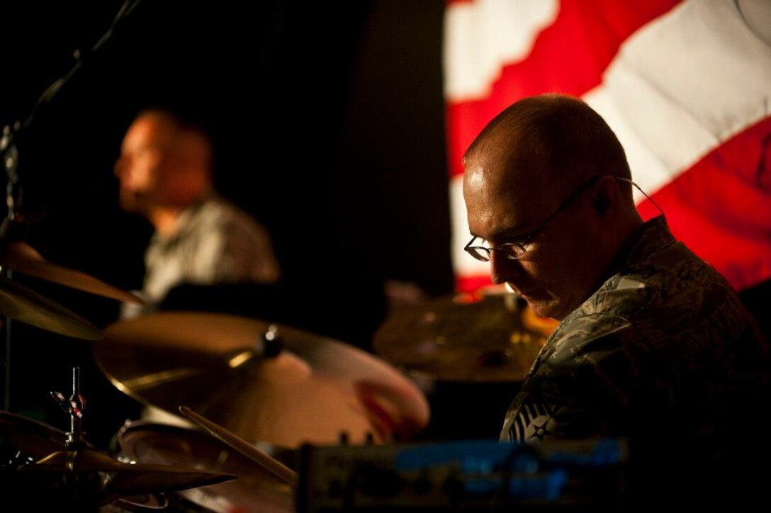 Technical Sergeant Chad Newman on drums at the Transit Center at Manas, Kyrgyzstan, Sept. 21, 2012. (U.S. Air Force photo/Senior Airman Brett Clashman)