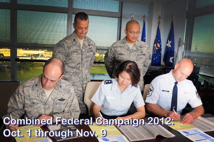 (Left to right), Air Force District of Washington Vice Commander Col. Michael E. Gantt, AFDW Commander Maj. Gen. Sharon K.G. Dunbar and AFDW Command Chief Master Sgt. Scott A. Fuller sign their Combine Federal Campaign contribution forms as Capt. Chase Eiserman and Master Sgt. Frank Kuwanoe, AFDW CFC coordinators, assist Sept. 21 on Joint Base Andrews, Md. AFDW kicked off the 2012 CFC Oct. 1 with a goal of $348,500. (U.S. Air Force photo illustration by Senior Airman Tabitha N. Haynes) 