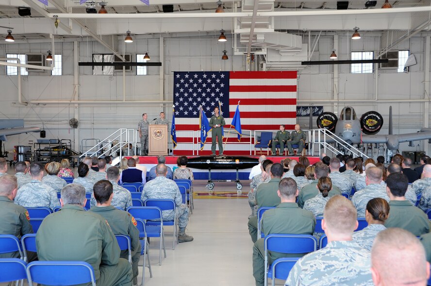 Brig. Gen. Eric Overturf, 442nd Fighter Wing commander, presides over the operations group change-of-command ceremony Sept. 9, 2012. Col. Brian Borgen took charge of the group from Lt. Col. Stephen Chappel. The 442nd Operations Group is part of the 442nd Fighter Wing, an A-10 Thunderbolt II Air Force Reserve unit at Whiteman Air Force Base, Mo. (U.S. Air Force photo by Staff Sgt. Lauren Padden/Released)
