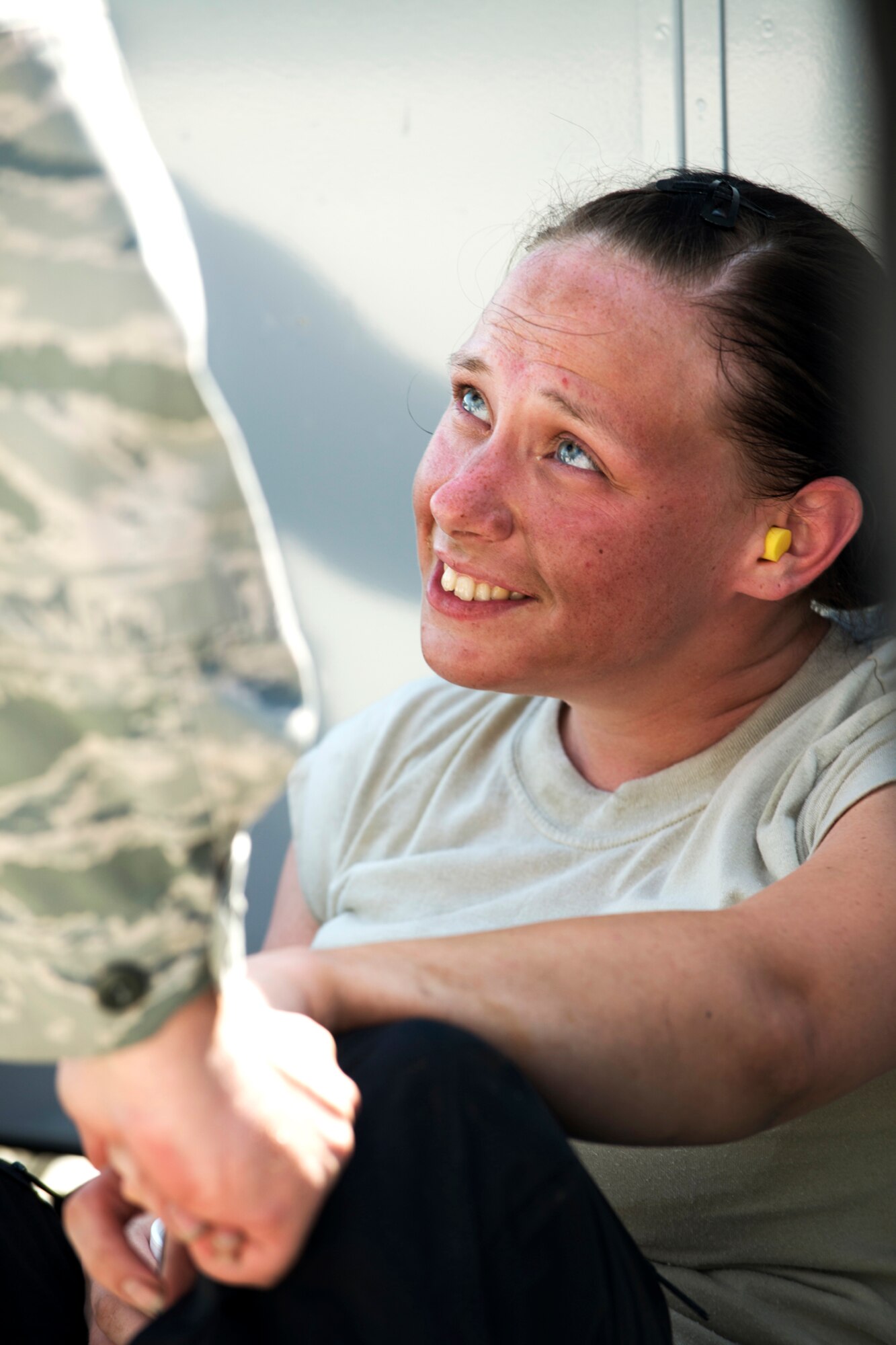 U.S. Air Force Senior Airman Teresa Procell, 307th Maintenance Squadron munitions technician, takes a break after completing the 2000 pound Joint Direct Attack Munition bomb building portion of the competition during the Global Strike Challenge, Sept. 13, 2012, Barksdale Air Force Base, La. The munitions team was evaluated on safety and technical procedures during the timed event. (U.S. Air Force photo by Master Sgt. Greg Steele/Released)