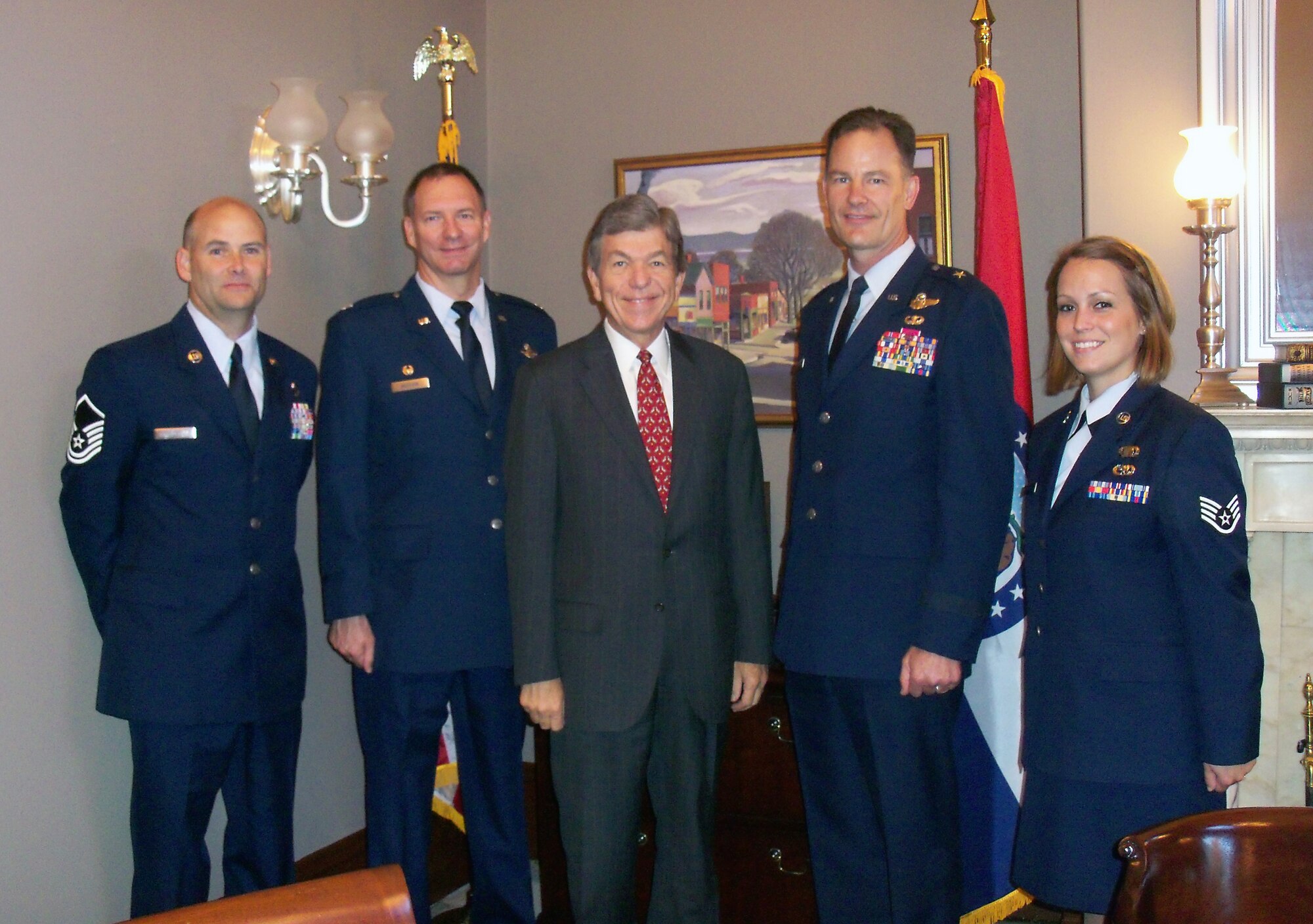 WASHINGTON -- Members of the 442nd Fighter Wing met with Sen. Roy Blunt (center) of Missouri, Sept. 11, 2012. Attending the meeting at the Capitol were: Master Sgt. Geary Rose, Lt. Col. Terry McClain, Brig. Gen. Eric Overturf, Staff Sgt. Danielle Johnston. The 442nd Fighter Wing is an A-10 Thunderbolt II Air Force Reserve unit at Whiteman Air Force Base, Mo. (U.S. Air Force courtesy photo/Released)