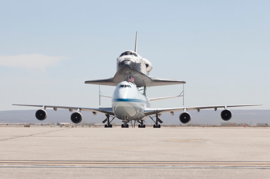 Space Shuttle Endeavour arrives at Edwards AFB, CA aboard the NASA SCA on Sept. 19, 2012.  U.S. Air Force Photo by Chris A. Neill
