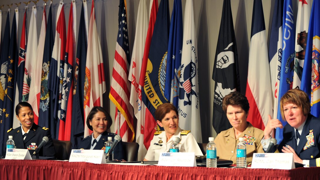 During a flag-officer panel, U.S. Coast Guard Rear Adm. Cari B. Thomas, Response Policy assistant commandant, talks about funny phone conversations she’s had with parents at the 9th annual Officer Women Leadership Symposium Sept. 22, 2012, at the Women in Military Service for America Memorial in Arlington, VA.  Other leaders from the military, public and private sectors highlighted during the symposium included entrepreneurs, writers, an archeologist, an Olympian, a Catholic sister, a social worker and film makers. (U.S. Air Force photo by 1st Lt. Ashleigh Peck)