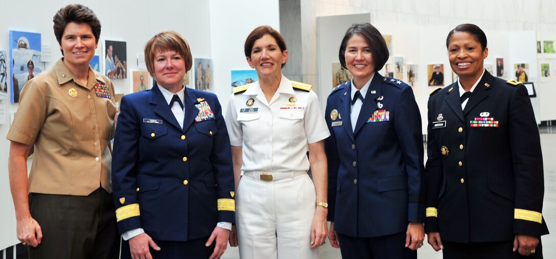 (Left to right) Brig. Gen. Lori E. Reynolds, commanding general for Marine Recruit Depot Parris Island and the Eastern Recruiting Region; Rear Adm. Cari B. Thomas, Response Policy assistant commandant; Rear Adm. Margaret Deluca Klein, U.S. Cyber Command chief of staff; Maj. Gen. Sharon K.G. Dunbar, Air Force District of Washington commander; and, Maj. Gen. Marcia M. Anderson, Army Reserve deputy chief stand united at the 9th annual Officer Women Leadership Symposium Sept. 22, 2012, at the Women in Military Service for America Memorial, Arlington, Va. (U.S. Air Force photo by 1st Lt. Ashleigh Peck) 