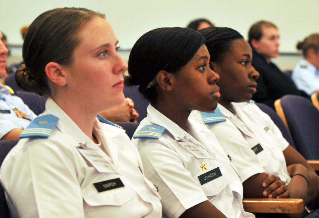 Cadets from the Citadel listen to the flag-officer panel at the 9th annual Officer Women Leadership Symposium Sept. 22, 2012, at the Women in Military Service for America Memorial, Arlington, Va. AcademyWomen sponsored the two-day event designed to inspire, inform and connect current, future and former women military officers from all military services regardless of commissioning source.(U.S. Air Force photo by 1st Lt. Ashleigh Peck)