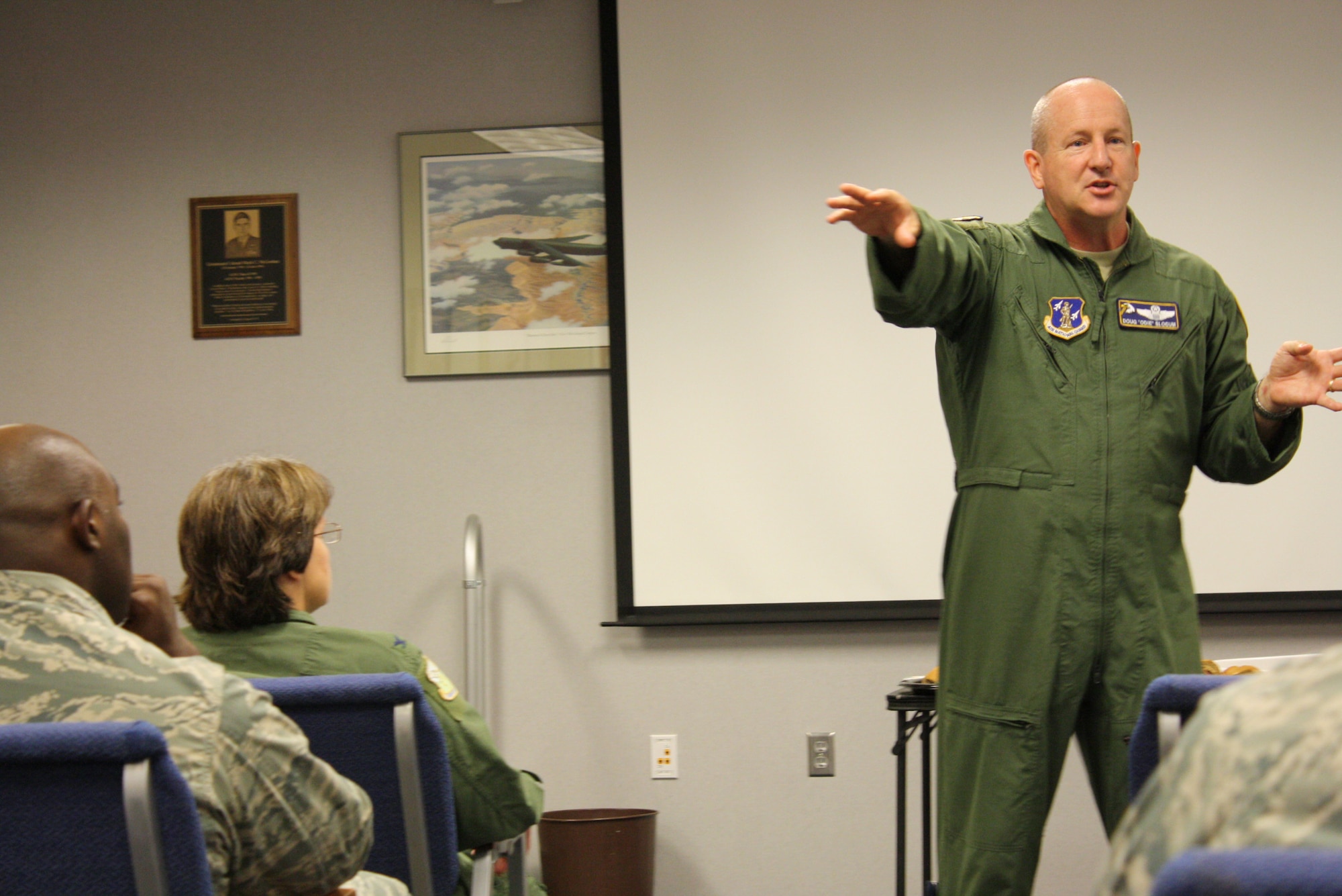U.S. Air Force Col. Doug Slocum of Andrews Air Force Base, Md., Director of Safety for the Air National Guard, talks to Air Command and Staff College students and members of the Guard and Reserve Network at the Air University about how the Air Force Core Values bridge military and civilian careers during a presentation Sept. 12, 2012, at Maxwell AFB, Ala. (U.S. Air Force Photo by Capt. Peter Shinn)