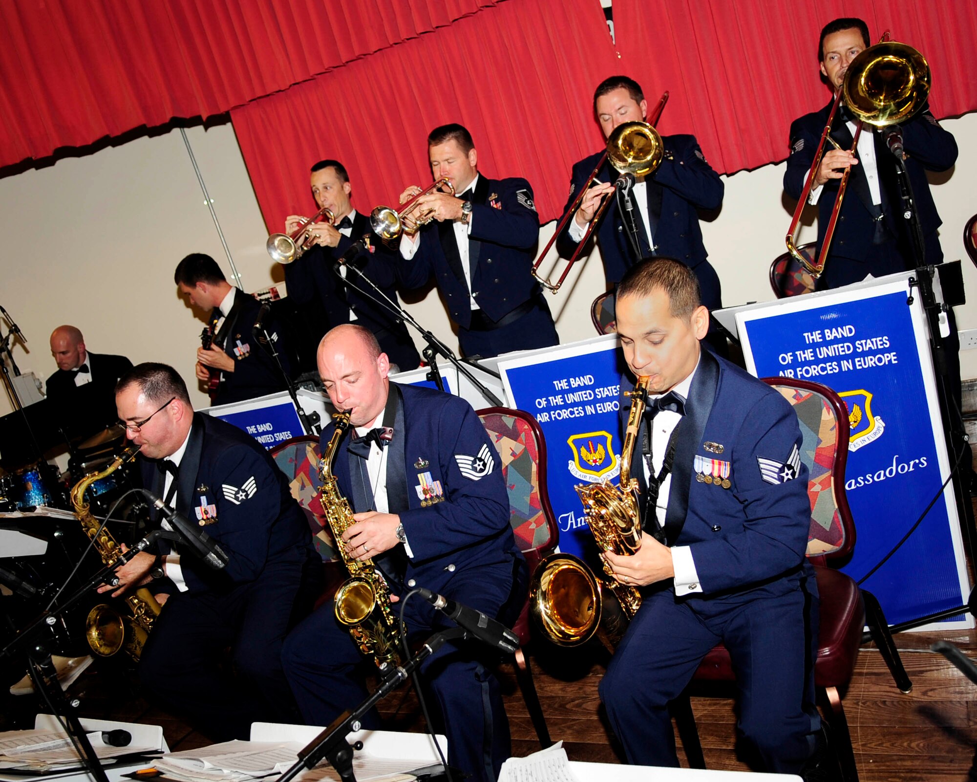 RAF MILDENHALL, England – Airmen with the Ambassador’s Jazz Ensemble, U.S. Air Forces in Europe Band, perform at the Galaxy Club during the Air Force ball Sept. 22, 2012, at RAF Mildenhall. September 18, 2012, marked the 65th annual celebration of the U.S. Air Force becoming its own separate branch in the U.S. military. (U.S. Air Force photo/Senior Airman Ethan Morgan)