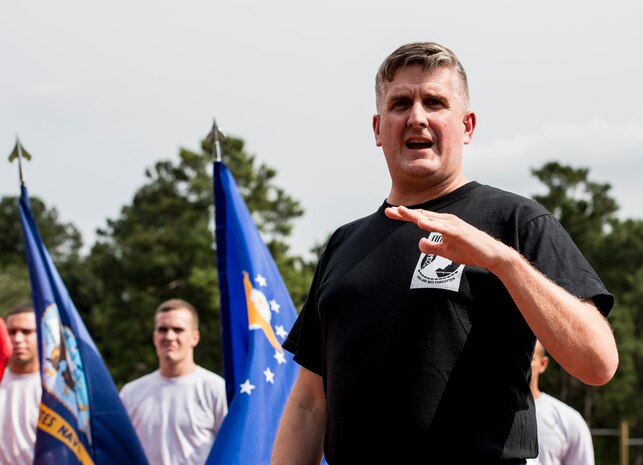 Col. Al Miller, 437th Airlift Wing vice commander, provides opening remarks during the opening ceremony of the Prisoner of War/Missing in Action Run Sept. 20, 2012, at Joint Base Charleston – Air Base, S.C. Different units from the joint base carried the flag for 30 minutes each from 3:30 p.m. Sept. 20 to 3:30 p.m. Sept. 21 in honor of all POW’s and MIA’s. (U.S. Air Force photo/Staff Sgt. Rasheen Douglas)