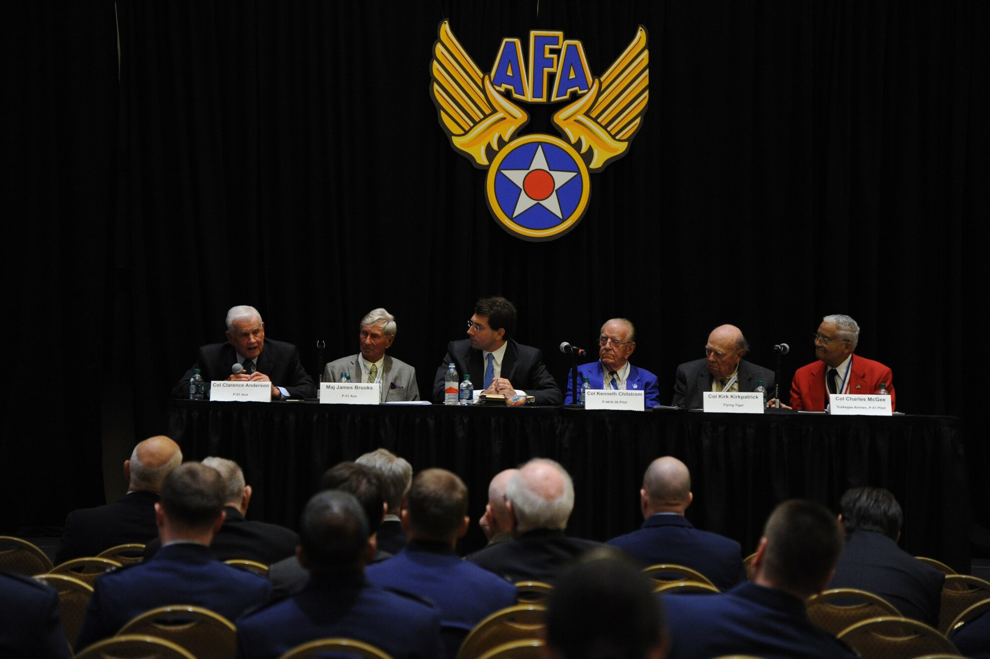 Retired Col. Clarence Anderson  recalls various memories of flying during 
World War II during the Air Force Association Air and Space Conference and Technical Exposition on Sept. 17, 2012, in Washington. Anderson's anecdote was just one of many 
shared on the panel as the former fighter pilots spoke about the issues they 
faced as part of the Army Air Corps during that era. (U.S. Air Force photo/
Airman 1st Class Aaron Stout)
