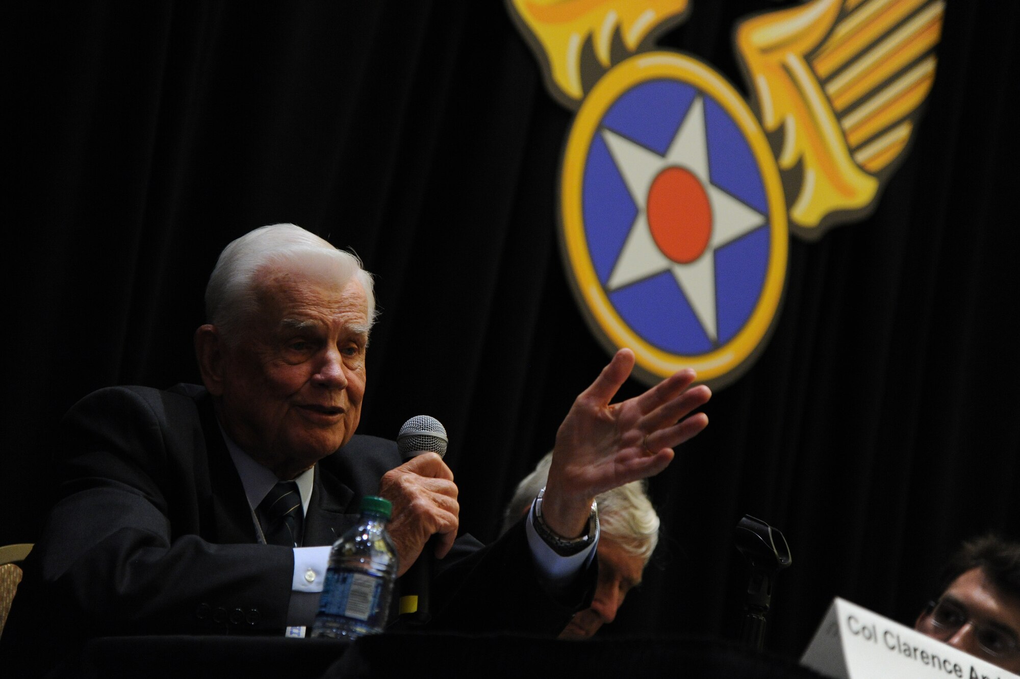 Retired Col. Clarence Anderson  recalls various memories of flying during 
World War II during the Air Force Association Air and Space Conference and Technical Exposition on Sept. 17, 2012, in Washington. Anderson's anecdote was just one of many 
shared on the panel as the former fighter pilots spoke about the issues they 
faced as part of the Army Air Corps during that era. (U.S. Air Force photo/
Airman 1st Class Aaron Stout)
