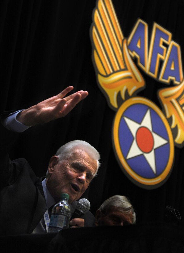 Retired Col. Clarence Anderson  recalls various memories of flying during 
World War II during the Air Force Association Air and Space Conference and Technical Exposition on Sept. 17, 2012, in Washington. Anderson's anecdote was just one of many 
shared on the panel as the former fighter pilots spoke about the issues they 
faced as part of the Army Air Corps during that era. (U.S. Air Force photo/
Airman 1st Class Aaron Stout)
