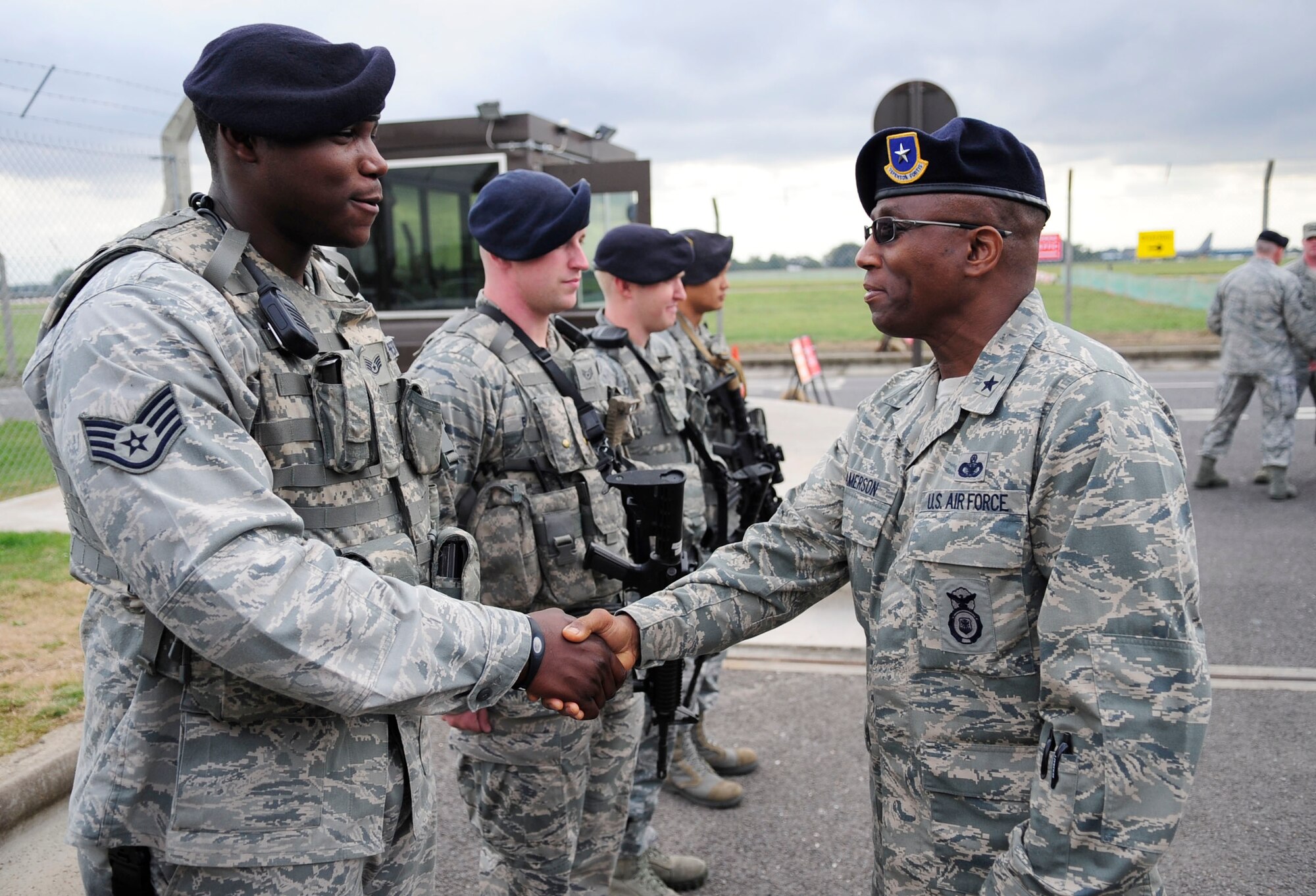 RAF MILDENHALL, England – Brig. Gen. Allen Jamerson, Director of Security Forces, Deputy Chief of Staff for Logistics, Installations and Mission Support, Headquarters U.S. Air Force, meets and greets Airmen from the 100th Security Forces Squadron during a site visit Sept. 21, 2012, at RAF Mildenhall. The visit was Jamerson’s first initial visit to RAF Mildenhall after recently taking command. (U.S. Air Force photo/Senior Airman Ethan Morgan)