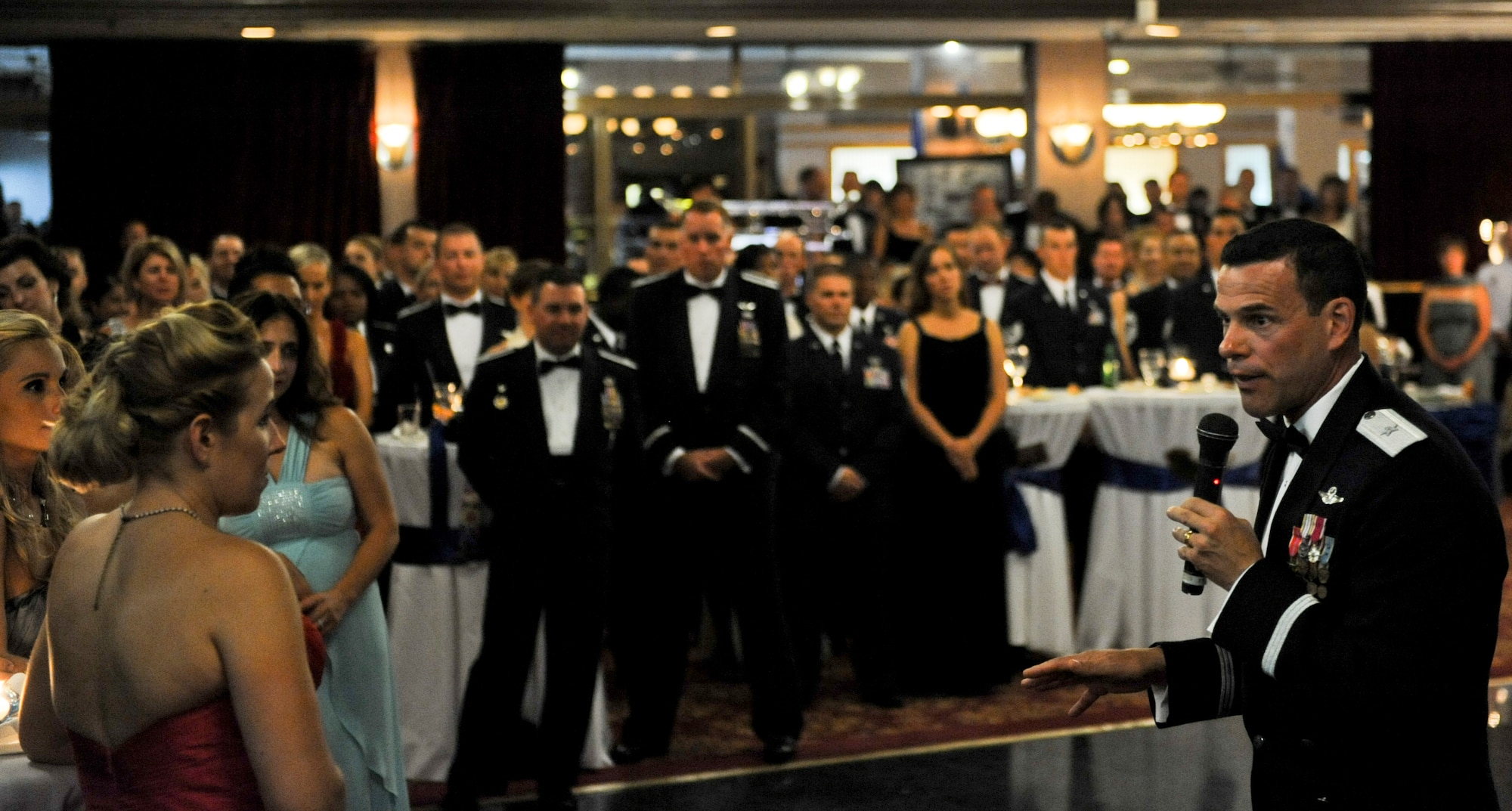 U.S. Air Force Brig. Gen. Matt Molloy, 18th Wing commander, speaks to those in attendance of the Air Force Ball on Kadena Air Base, Japan, Sept. 22, 2012. The ball is an annual Air Force-wide tradition to celebrate the heritage and history of the Air Force. (U.S. Air Force photo/Airman 1st Class Justin Veazie)
