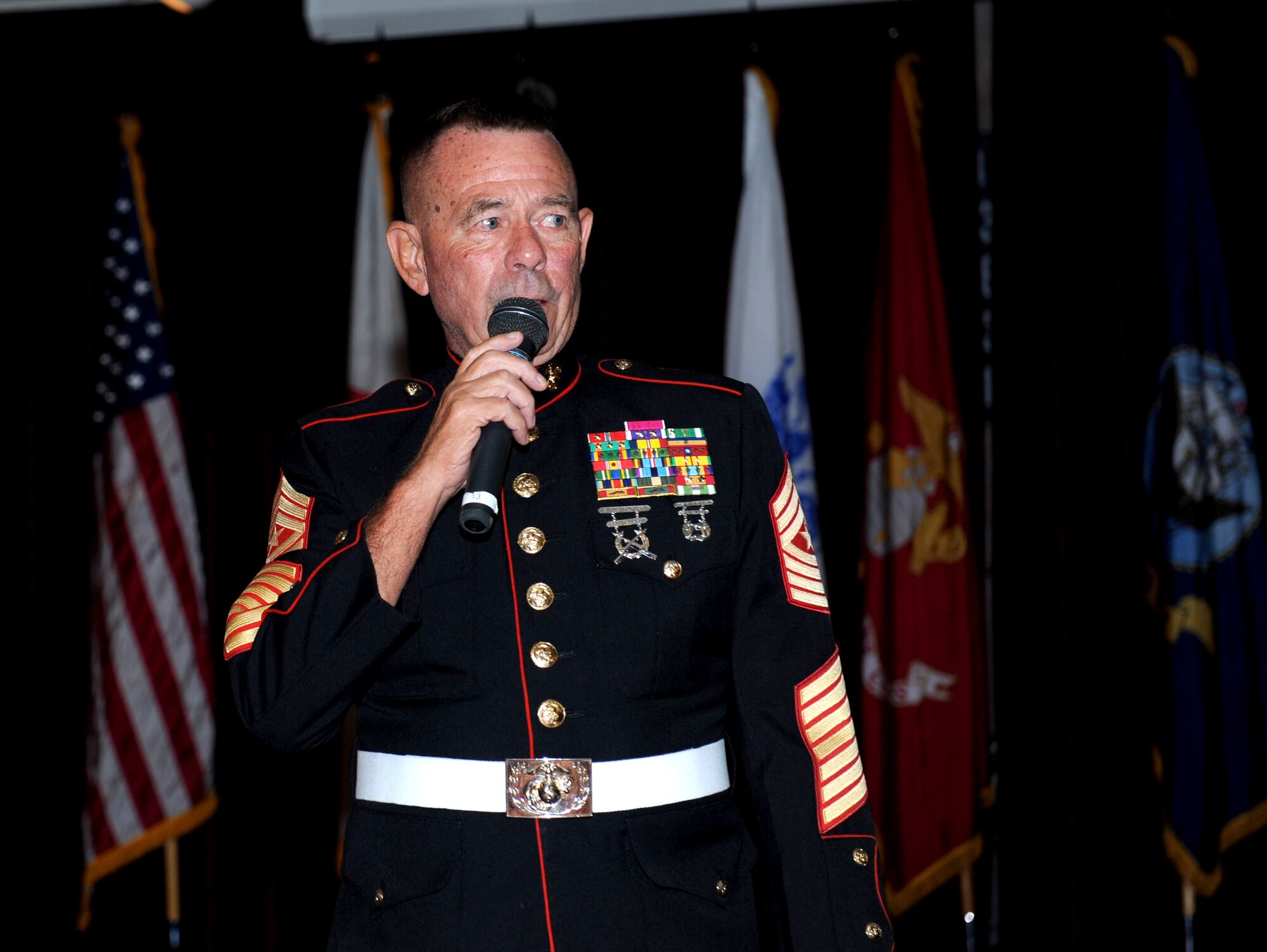 Retired U.S. Marine Corps Sgt. Maj. Peter M. Gorczewski, speaks as the guest speaker at the Prisoners of War/Missing in Action breakfast at the NCO Rocker Club on Kadena Air Base, Japan, Sept. 21, 2012. Although the third Friday of every September is the National POW/MIA Remembrance Day, it is important to remember those that have yet to return. (U.S. Air Force photo by Airman 1st Class Hailey Davis)       