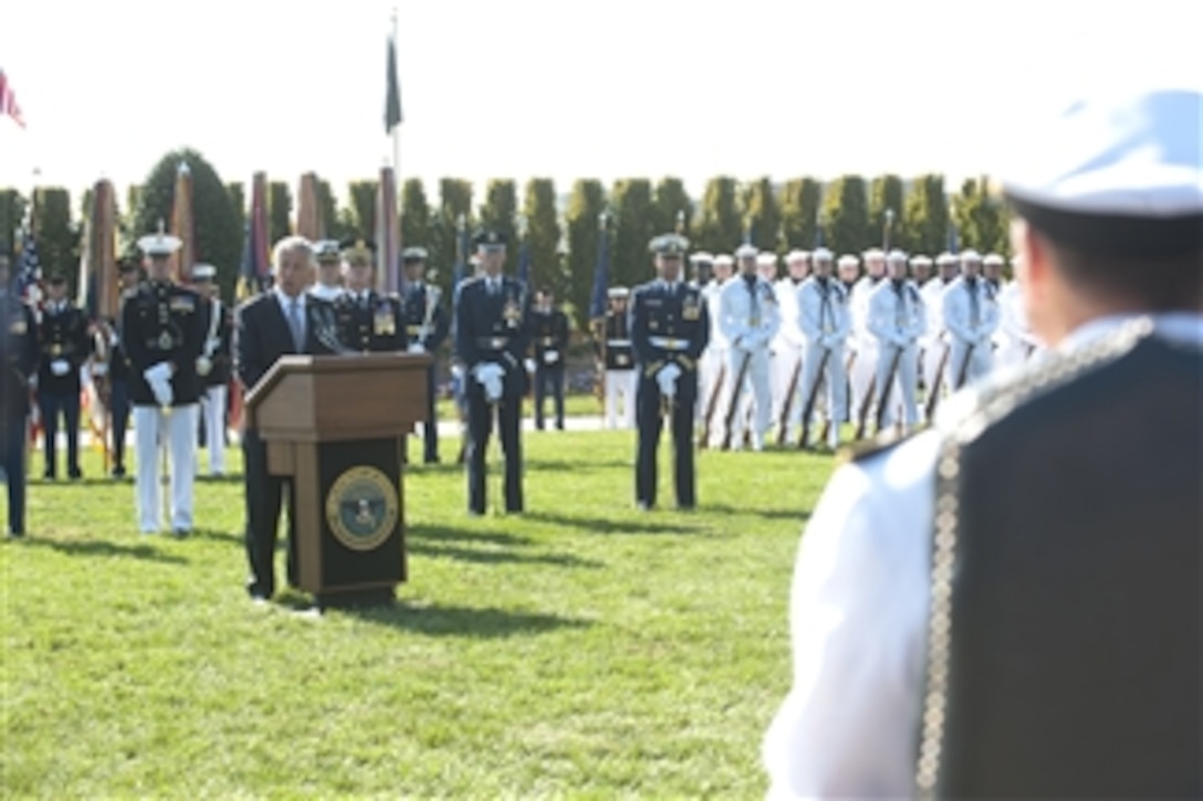 Former Senator Chuck Hagel delivers the keynote address in honor of National POW/MIA Recognition Day at the Pentagon on Sept. 21, 2012.  The ceremony hosted former prisoners of war, family members, military service members and distinguished guests.  Hagel served in Vietnam with his brother Tom in 1968.  They served side by side as infantry squad leaders with the U.S. Army’s 9th Infantry Division.  