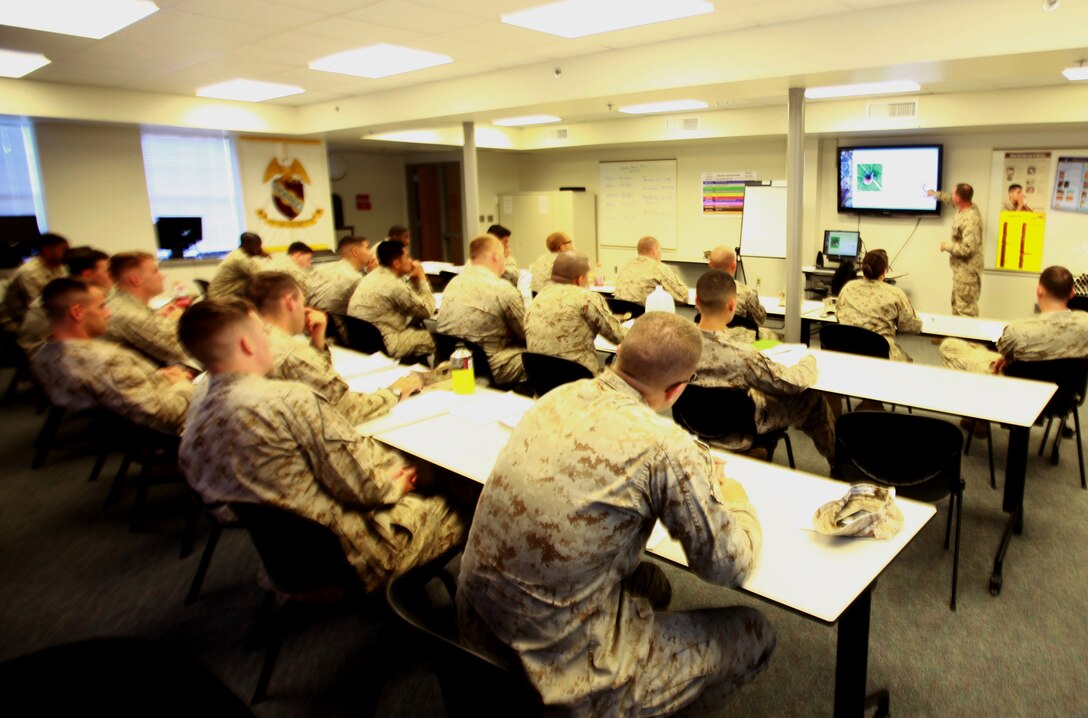 Sailors with 2nd Medical Battalion, 2nd Marine Logistics Group watch as Navy Lt. Michael Fisher, the commander of Alpha Surgical Company, 2nd Med. Bn., gives a class during the Preventive Medicine Petty Officers’ course aboard Camp Lejeune, N.C., Sept. 18, 2012. The purpose of the course is to provide an overview of preventive medicine for corpsmen and other interested enlisted sailors. 
