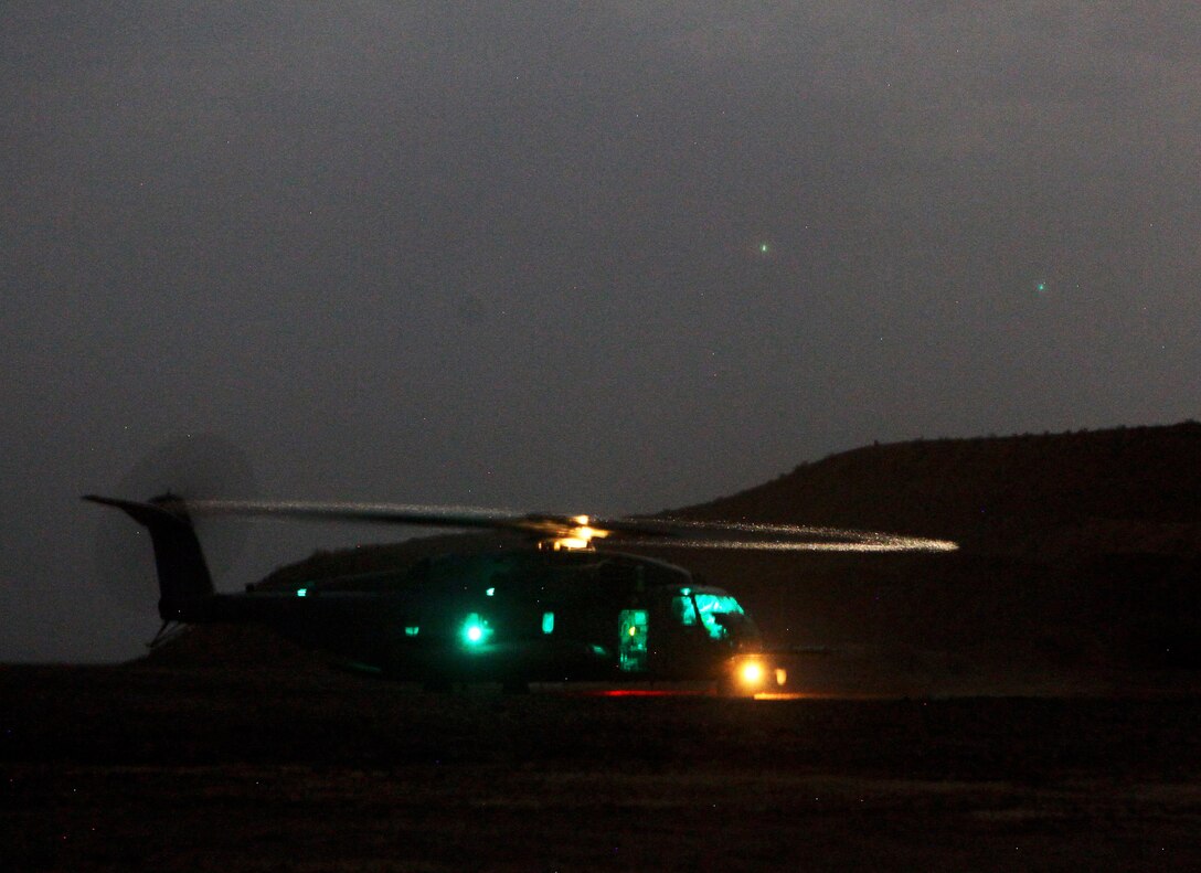 A CH-53E Super Stallion with Marine Medium Tiltrotor Squadron 261 (Reinforced), 24th Marine Expeditionary Unit, prepares for take-off after providing assault support during a force-on-force training exercise in Djibouti, Sept. 5, 2012. The exercise is part of a 24th MEU Training Force, or "T-Force" package focused on the application of infantry skills in rugged mountain terrain. The 24th MEU is deployed with the Iwo Jima Amphibious Ready Group as a theater reserve and crisis response force throughout U.S. Central Command and the Navy's 5th Fleet area of responsibility.