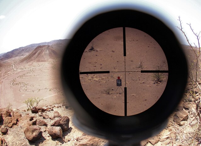 A target seen through a scout sniper observation telescope as Marines with 1st Platoon, Bravo Company, Battalion Landing Team 1st Battalion, 2nd Marine Regiment, 24th Marine Expeditionary Unit, conduct high-angle marksmanship training as part of a three-week training package in Djibouti, Sep. 15, 2012. The training was focused on the application of infantry skills in rugged mountain terrain. The 24th MEU is deployed with the Iwo Jima Amphibious Ready Group as a theater reserve and crisis response force throughout U.S. Central Command and the Navy's 5th Fleet area of responsibility.