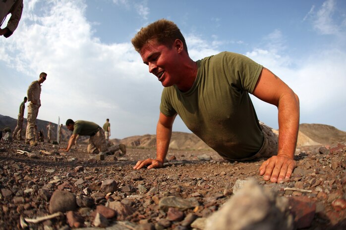 Cpl. Edward Yarborough, a native of Ocean Springs, Miss., and squad leader with 1st Platoon, Bravo Company, Battalion Landing Team 1st Battalion, 2nd Marine Regiment, 24th Marine Expeditionary Unit, does push-ups while competing in the Training Force Challenge, Sep. 16, 2012.  The competition was the culmination of a three-week training package in Djibouti focused on the application of infantry skills in rugged mountain terrain. The 24th MEU is deployed with the Iwo Jima Amphibious Ready Group as a theater reserve and crisis response force throughout U.S. Central Command and the Navy's 5th Fleet area of responsibility.